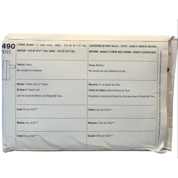 Simplicity 2490 Lounge Blanket Sizes S M L Sewing Pattern - Picture 2 of 2